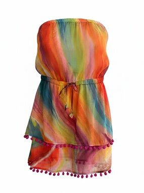 Bleu Rod Beattie Swim Cover-Up Medium Vibrant Watercolor Pom-Pom Tunic